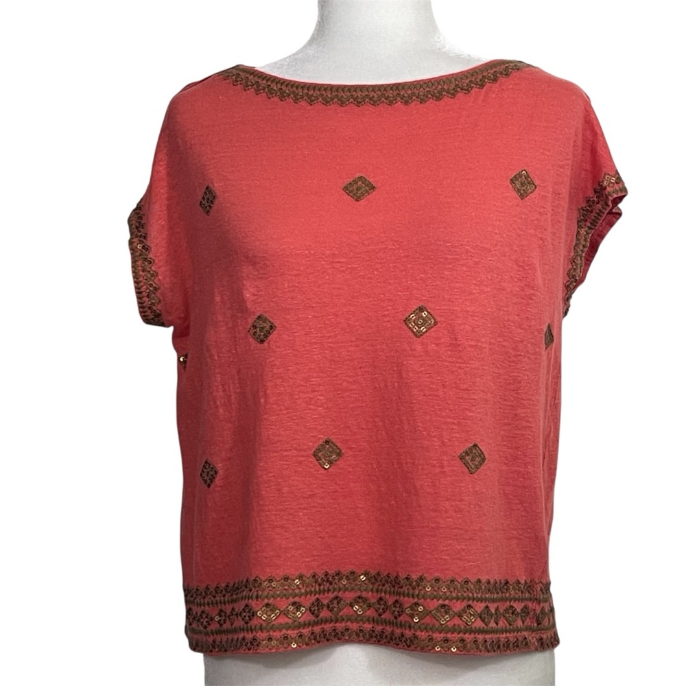 J. Jill Love Linen Coral Cropped Top with Gold Sequin Detail